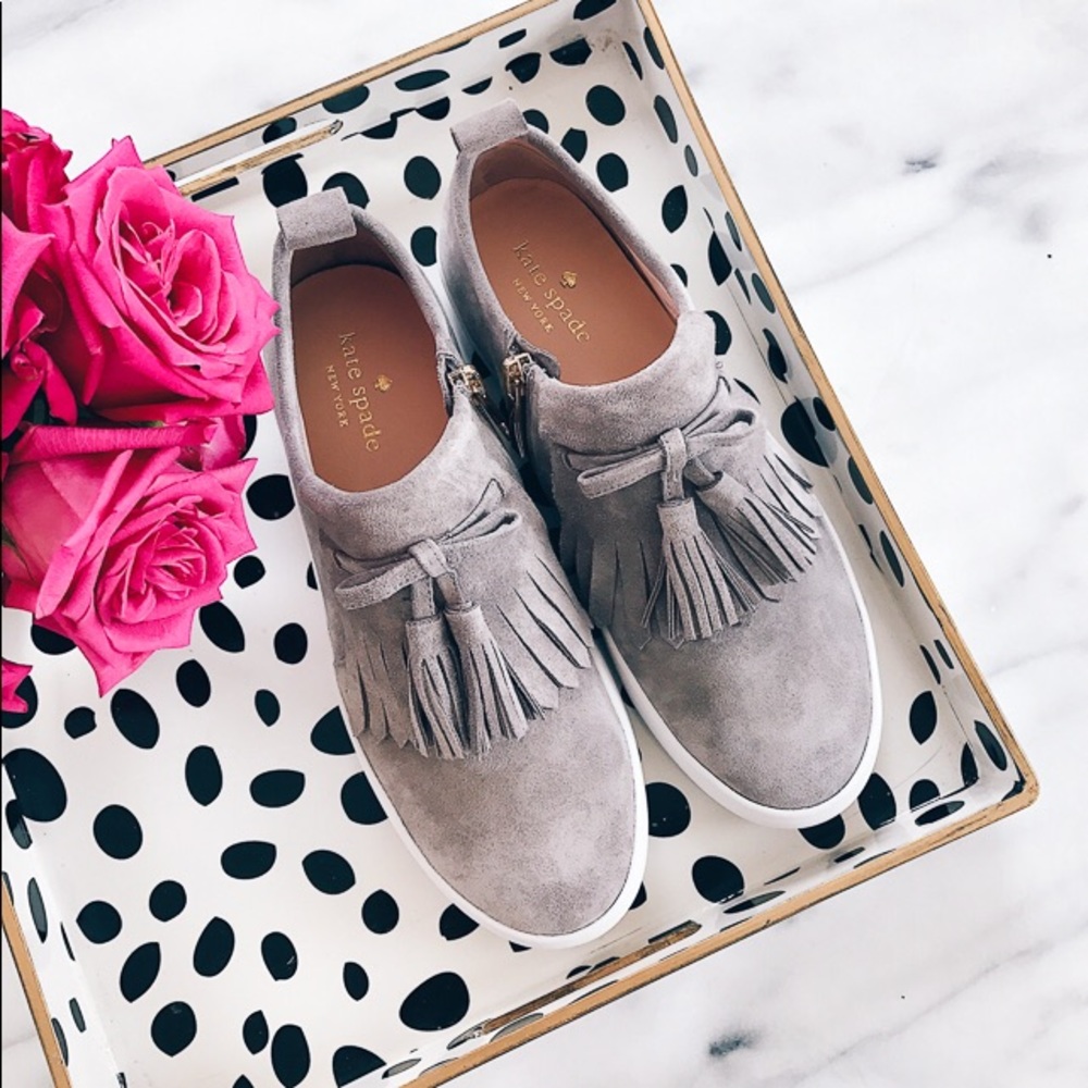 NWT. Kate Spade dark taupe tassel sneakers - Picture 2 of 8